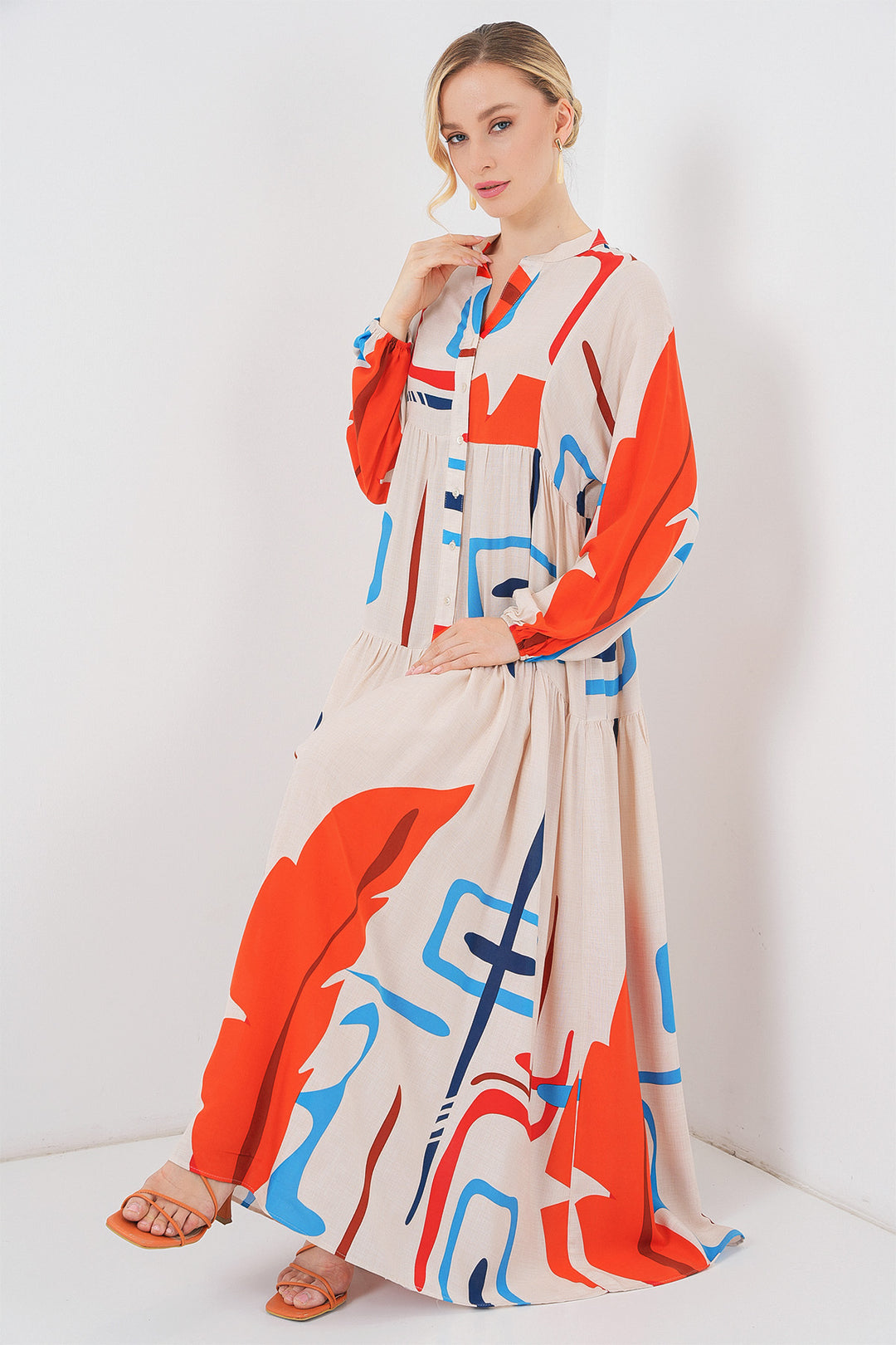 BGD Women Woman Patterned Long Hijab Dress 2585 - Orange - Novohrad-Volynskyi
