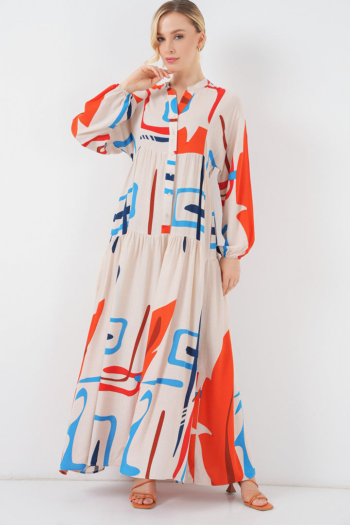 BGD Women Woman Patterned Long Hijab Dress 2585 - Orange - Novohrad-Volynskyi