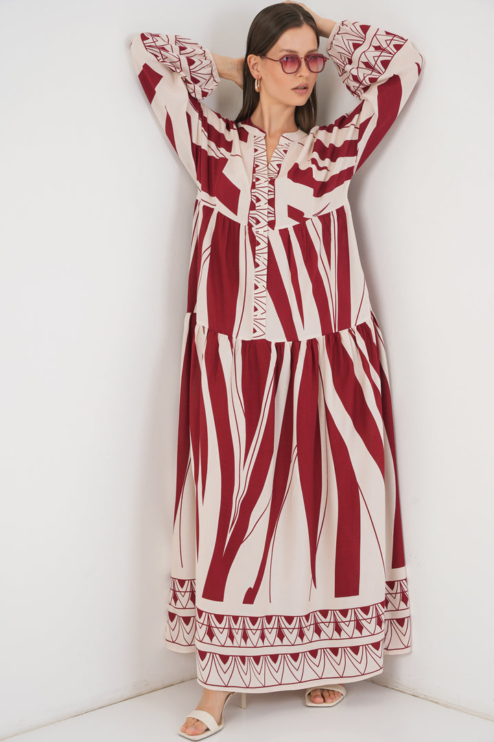 BGD Women Woman Patterned Long Hijab Dress 2585 - Maroon - Bishops Stortford