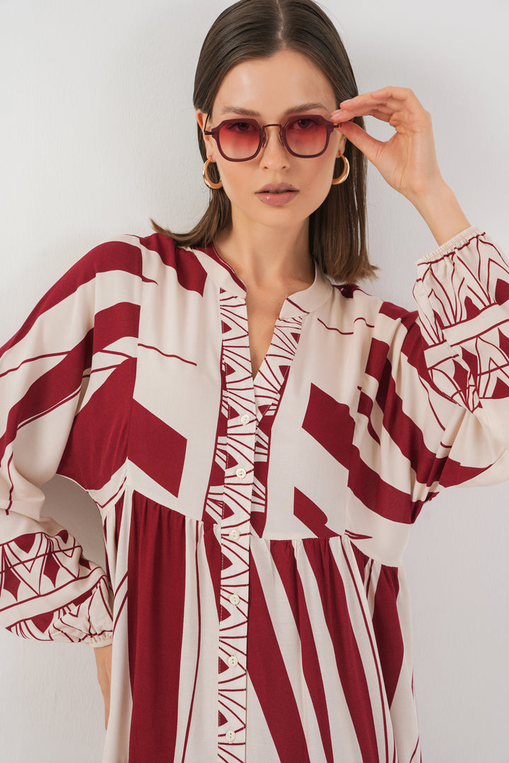 BGD Women Woman Patterned Long Hijab Dress 2585 - Maroon - Châteauguay