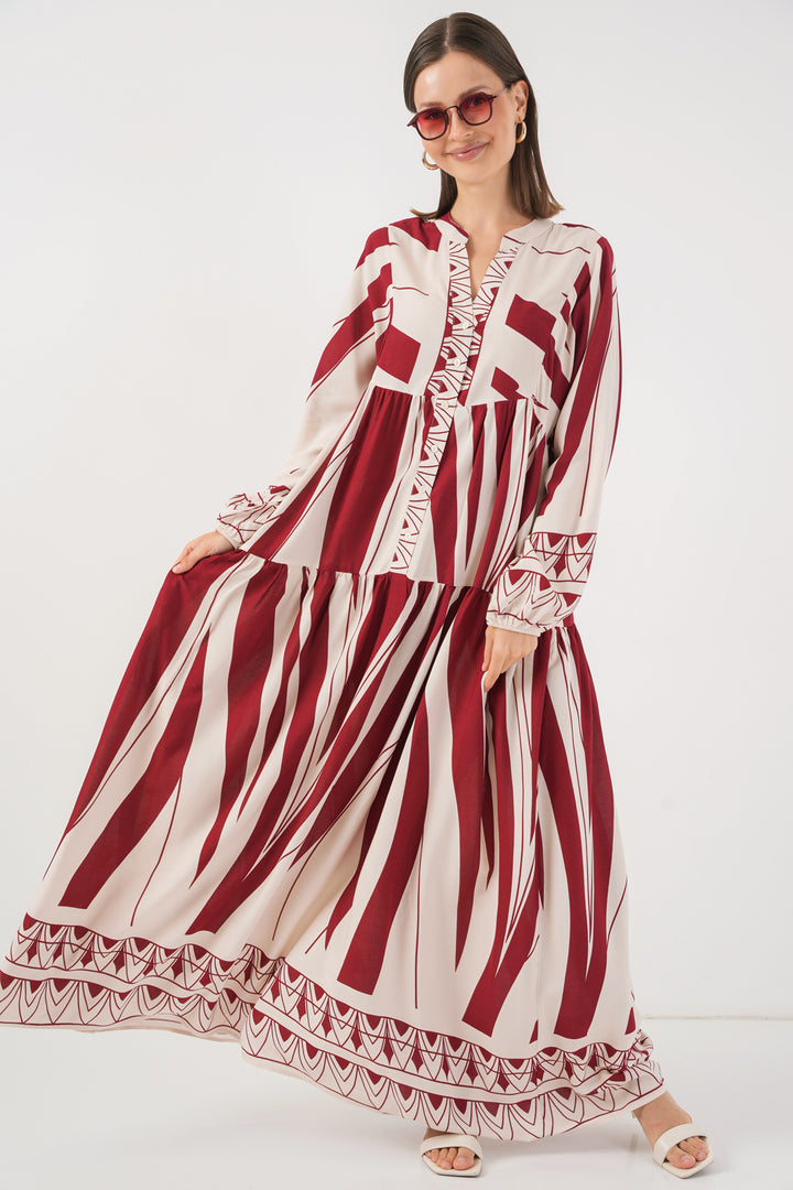 BGD Women Woman Patterned Long Hijab Dress 2585 - Maroon - Châteauguay