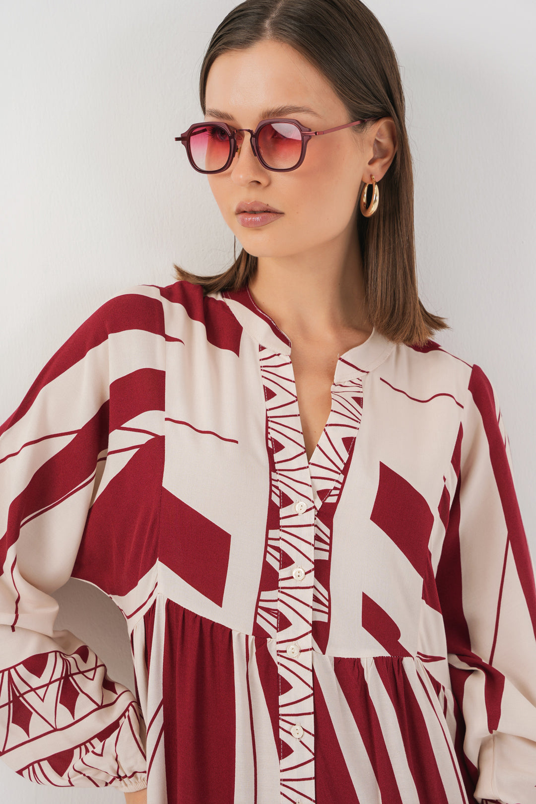 BGD Women Woman Patterned Long Hijab Dress 2585 - Maroon - Châteauguay