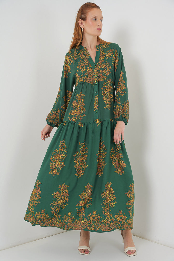 BGD Women Woman Patterned Long Hijab Dress 2585 - Y.Zümrüt - Petrel