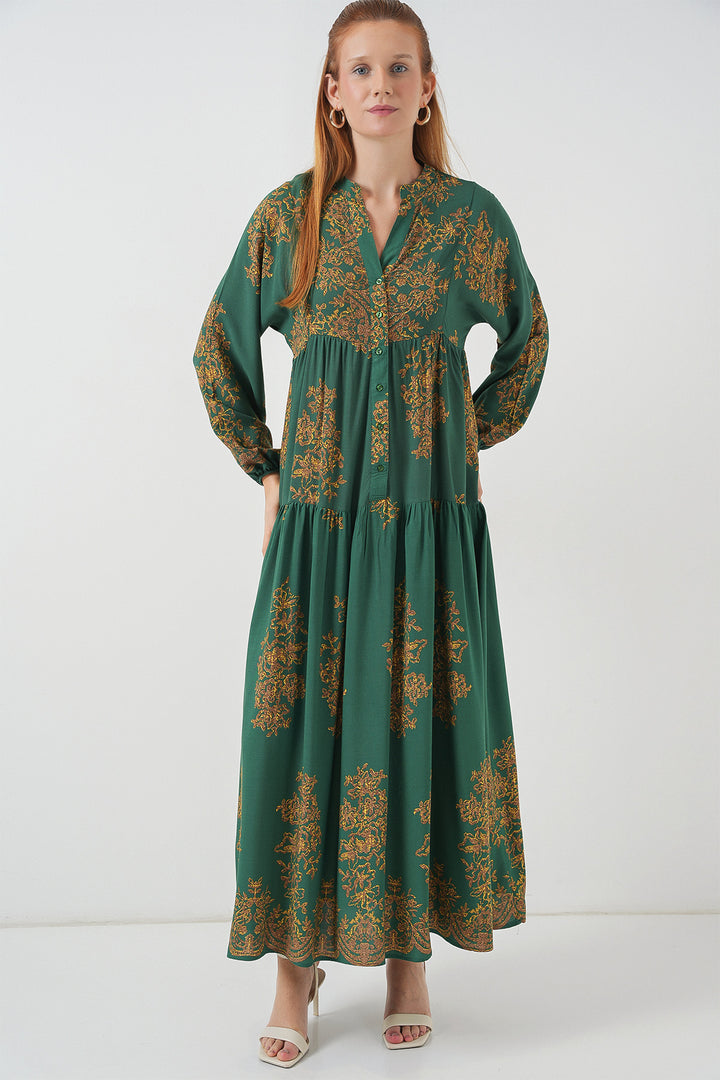 BGD Women Woman Patterned Long Hijab Dress 2585 - Y.Zümrüt - Petrel