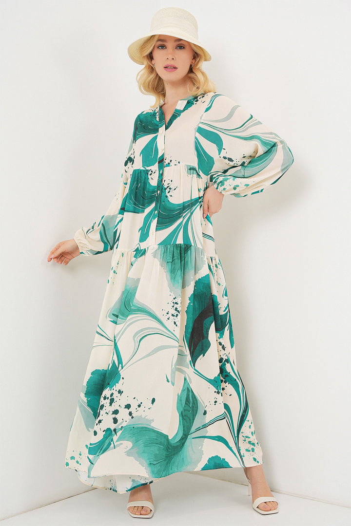 BGD Women Woman Patterned Long Hijab Dress 2585 - Emerald Green - Medemblik