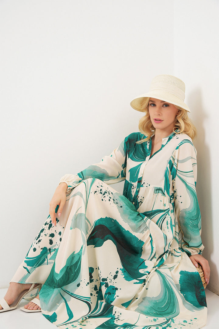 BGD Women Woman Patterned Long Hijab Dress 2585 - Emerald Green - Brookfield