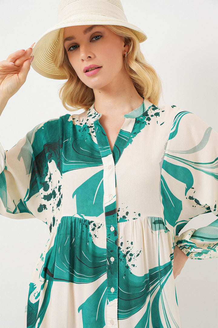 BGD Women Woman Patterned Long Hijab Dress 2585 - Emerald Green - Medemblik