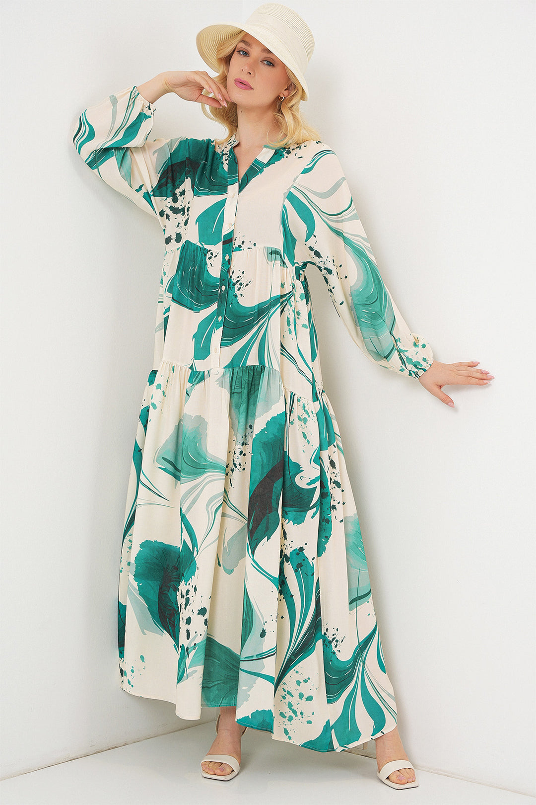 BGD Women Woman Patterned Long Hijab Dress 2585 - Emerald Green - Medemblik