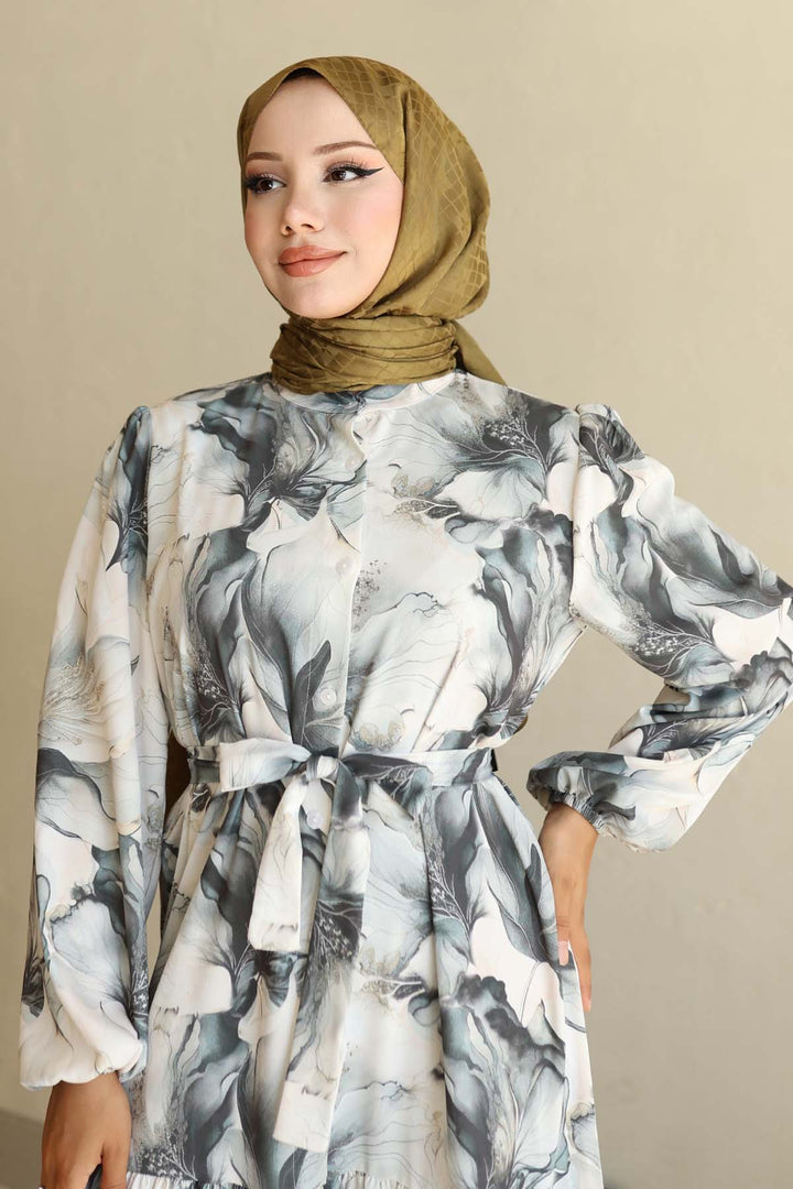 BGD Women Kadın Desenli Uzun Tesettür Elbise 2586 - Haki - Oshkosh