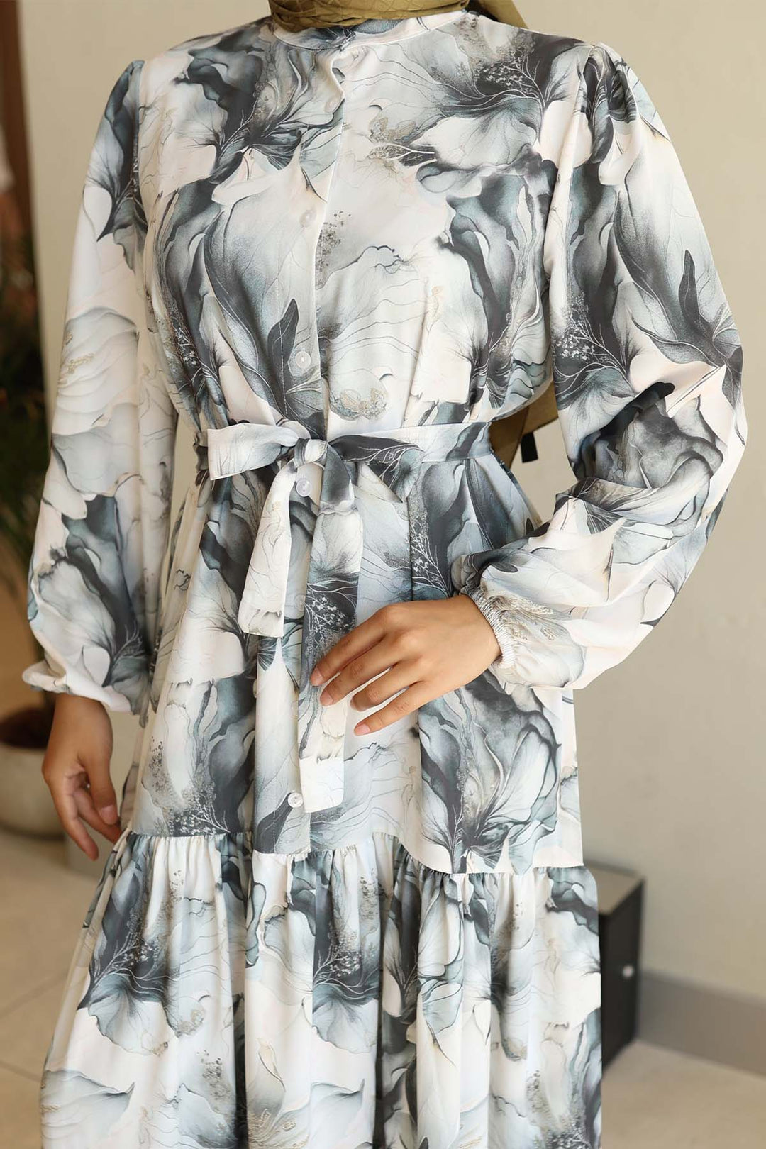 BGD Women Kadın Desenli Uzun Tesettür Elbise 2586 - Haki - Oshkosh