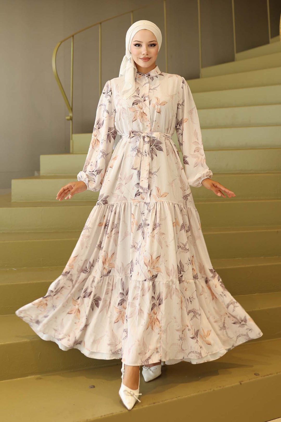 BGD Women Kadın Desenli Uzun Tesettür Elbise 2586 - Krem - Columbia