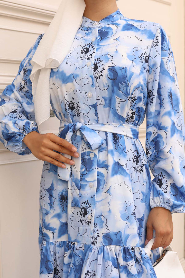 BGD Women Kadın Desenli Uzun Tesettür Elbise 2586 - Mavi - Mandeville