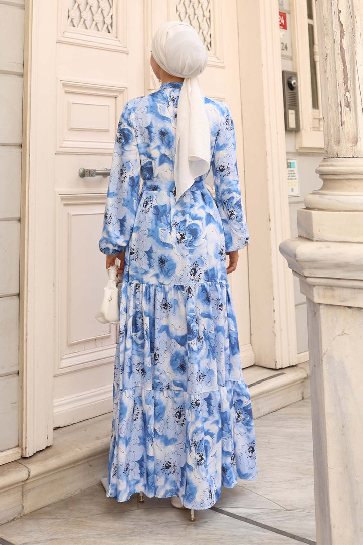 BGD Women Kadın Desenli Uzun Tesettür Elbise 2586 - Mavi - Mandeville