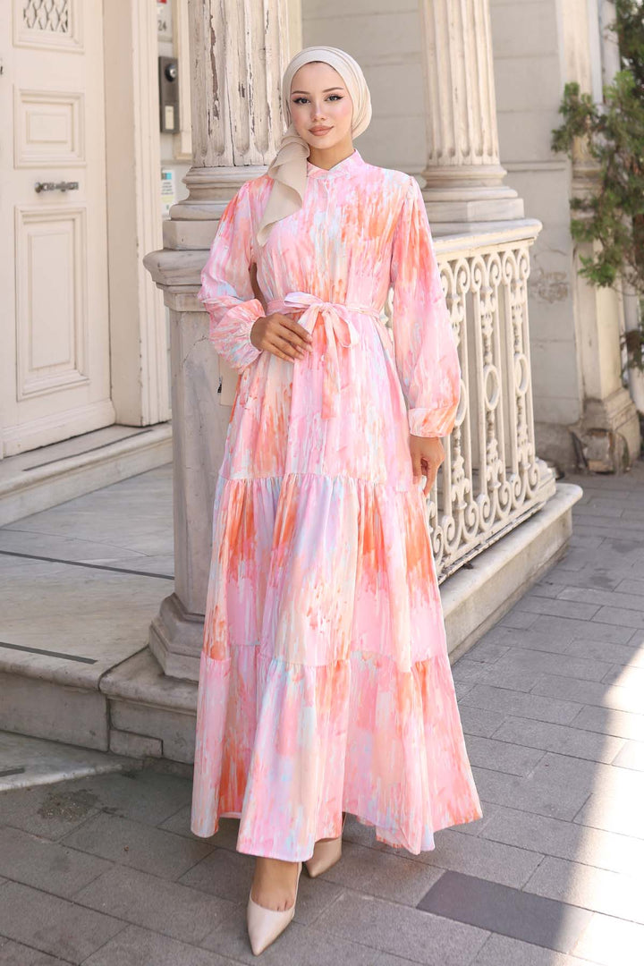 BGD Women Kadın Desenli Uzun Tesettür Elbise 2586 - Pembe - Catemaco