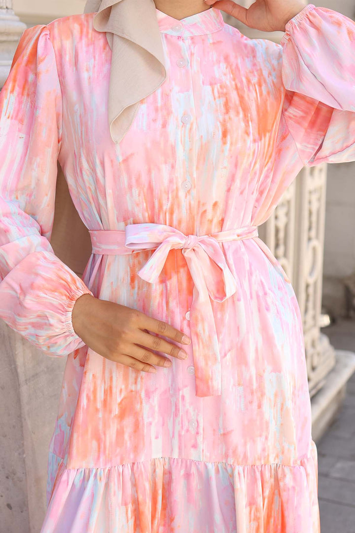 BGD Women Kadın Desenli Uzun Tesettür Elbise 2586 - Pembe - Catemaco