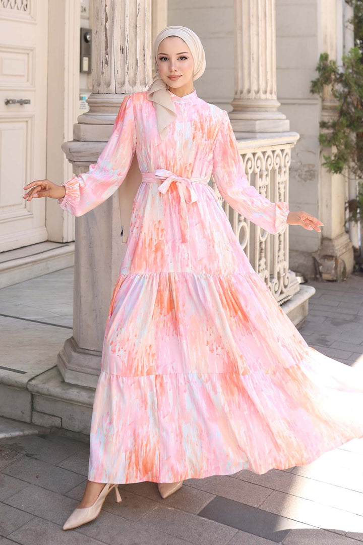 BGD Women Kadın Desenli Uzun Tesettür Elbise 2586 - Pembe - Catemaco