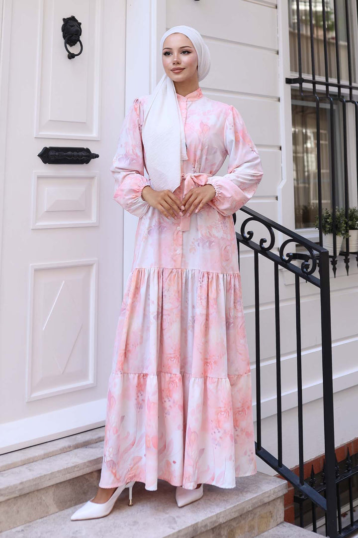 BGD Women Woman Patterned Long Hijab Dress 2586 - Powder - Greenwood