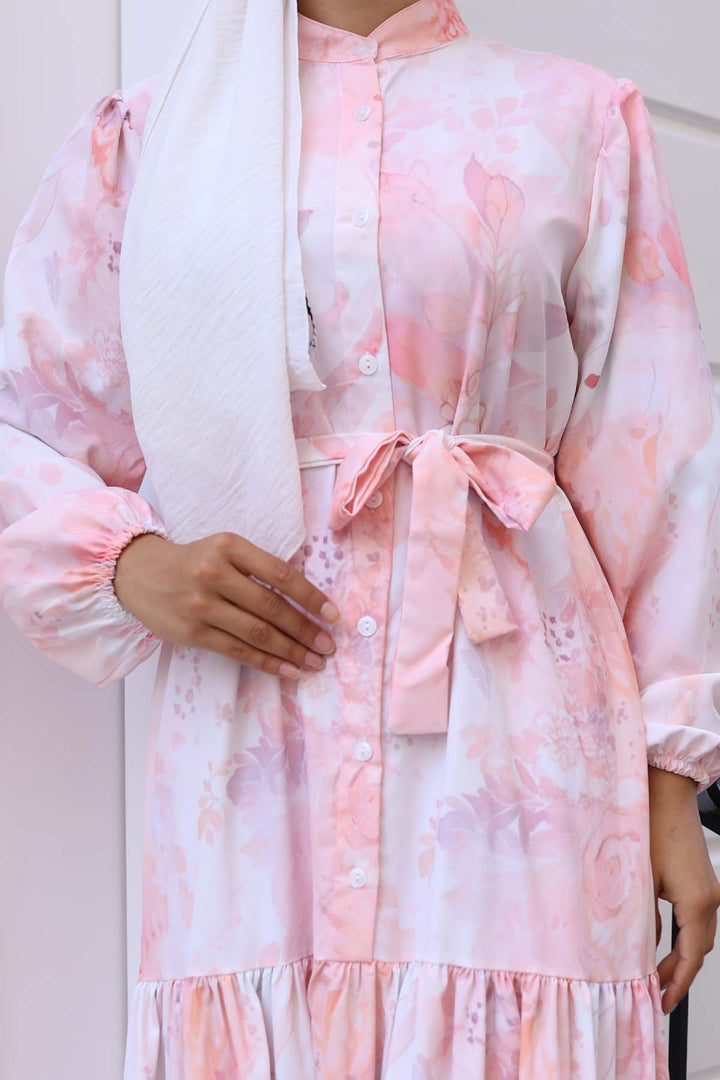 BGD Women Woman Patterned Long Hijab Dress 2586 - Powder - Greenwood