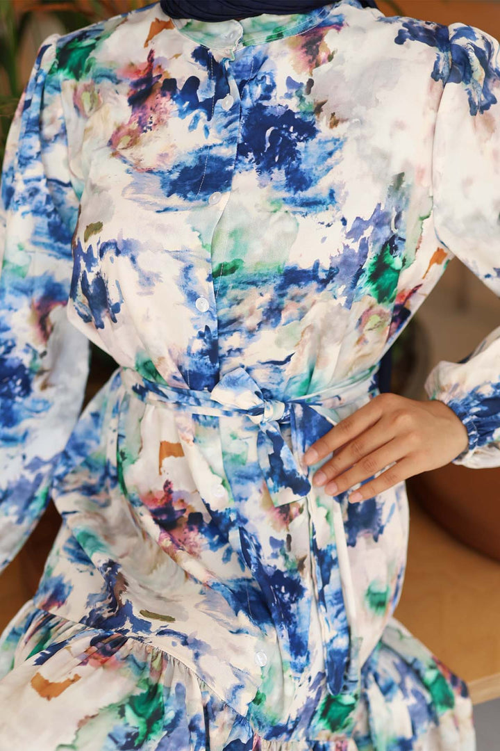 BGD Women Kadın Desenli Uzun Tesettür Elbise 2586 - Saks - Arnsberg