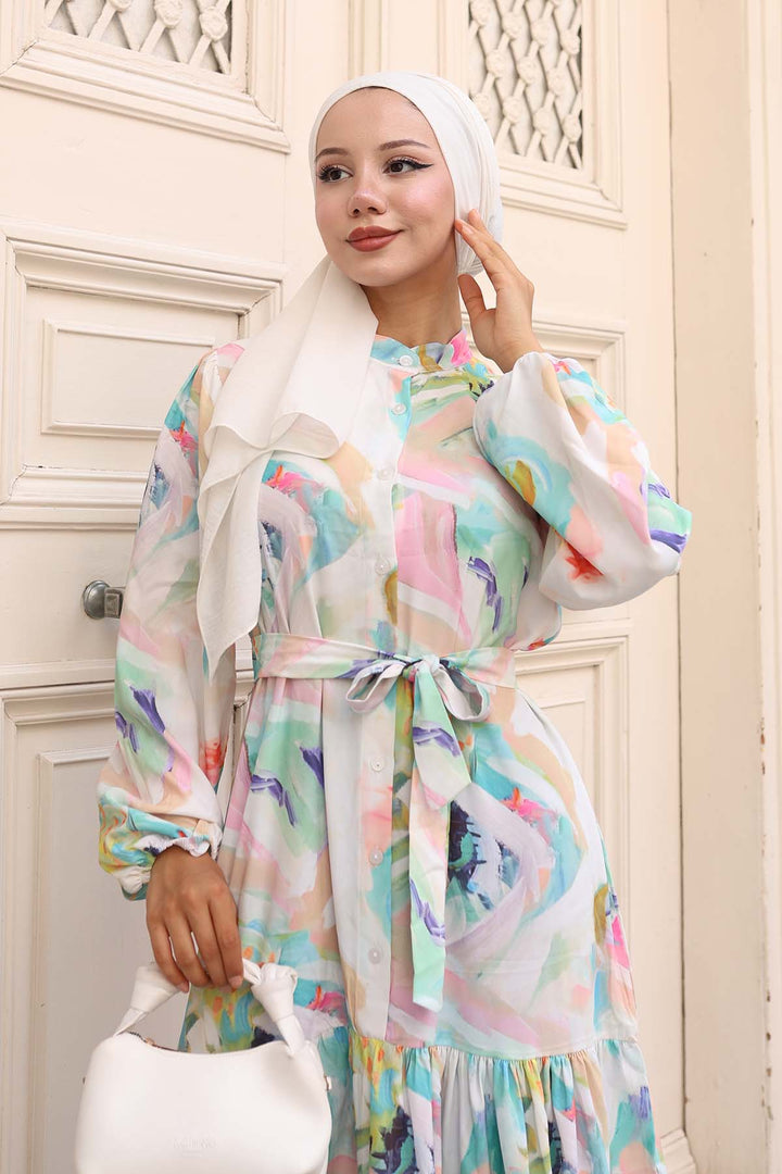 BGD Women Woman Patterned Long Hijab Dress 2586 - Turquoise - Dendermonde