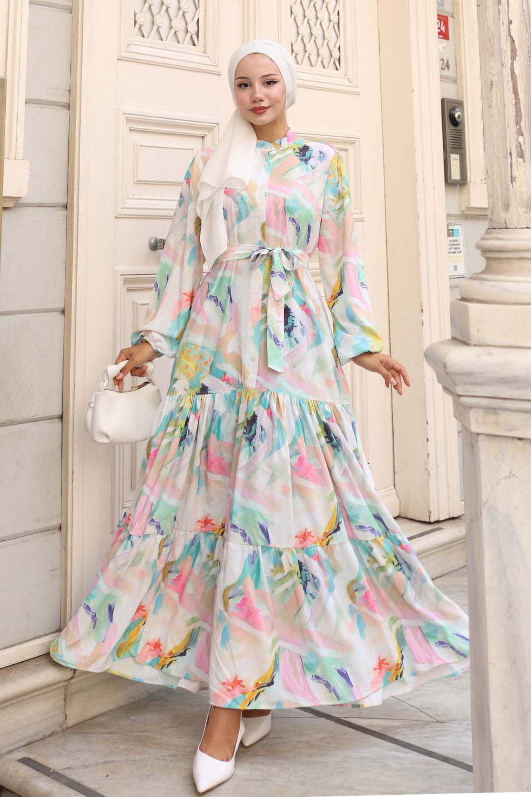 BGD Women Woman Patterned Long Hijab Dress 2586 - Turquoise - Dendermonde