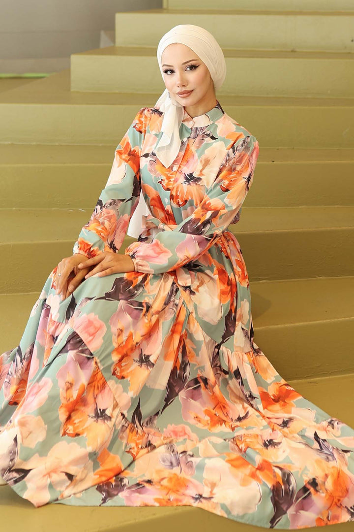 BGD Women Kadın Desenli Uzun Tesettür Elbise 2586 - Turuncu - Northwich