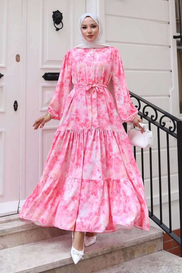 BGD Women Woman Patterned Long Hijab Dress 2586 - Pink - Wheaton