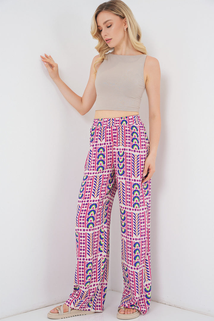 BGD Women Woman Patterned Viscose Trousers 6749 - Fuchsia - Draguignan