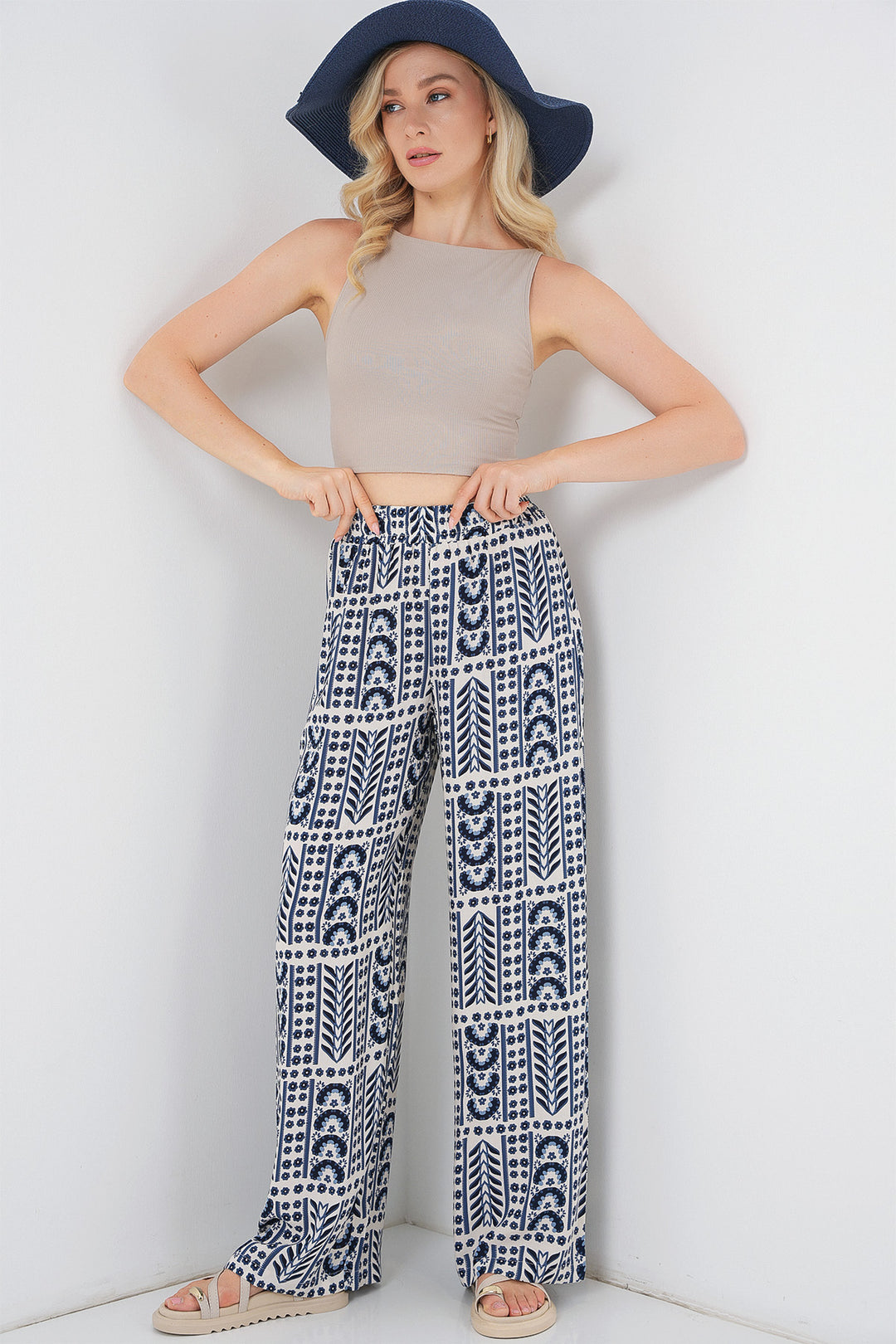 BGD Women Woman Patterned Viscose Trousers 6749 - Cream - Gómez Palacio