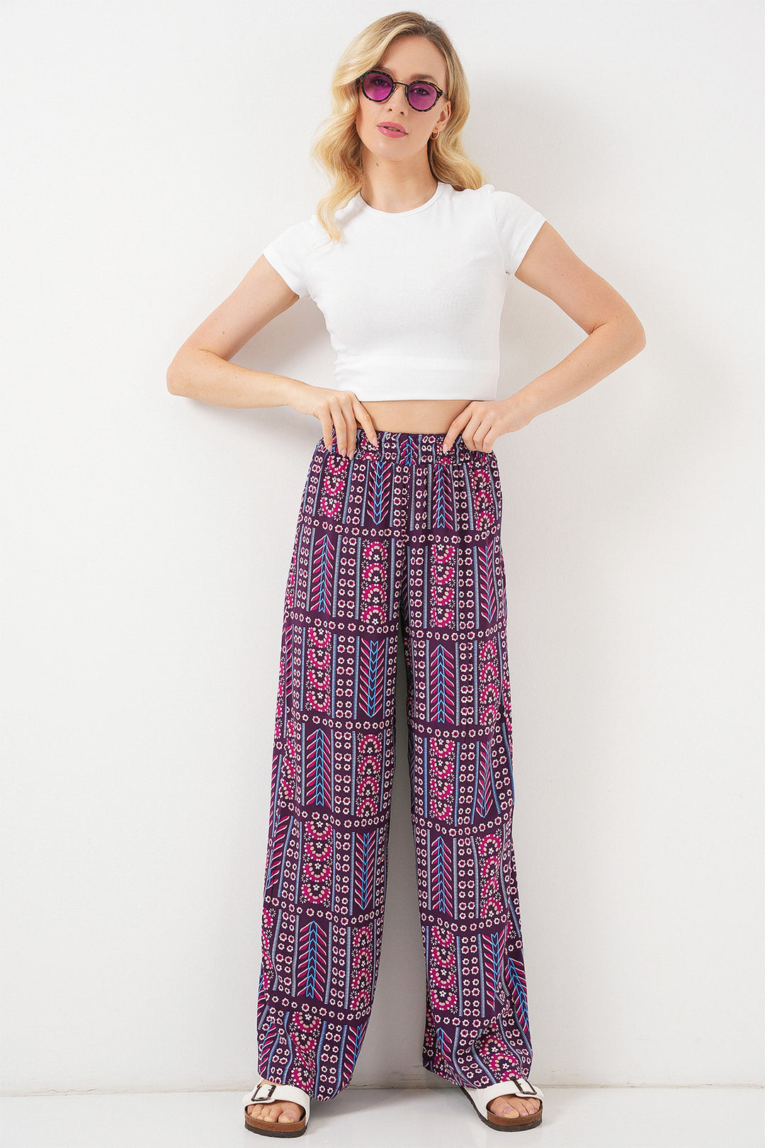 BGD Women Woman Patterned Viscose Trousers 6749 - Purple - Enerhodar
