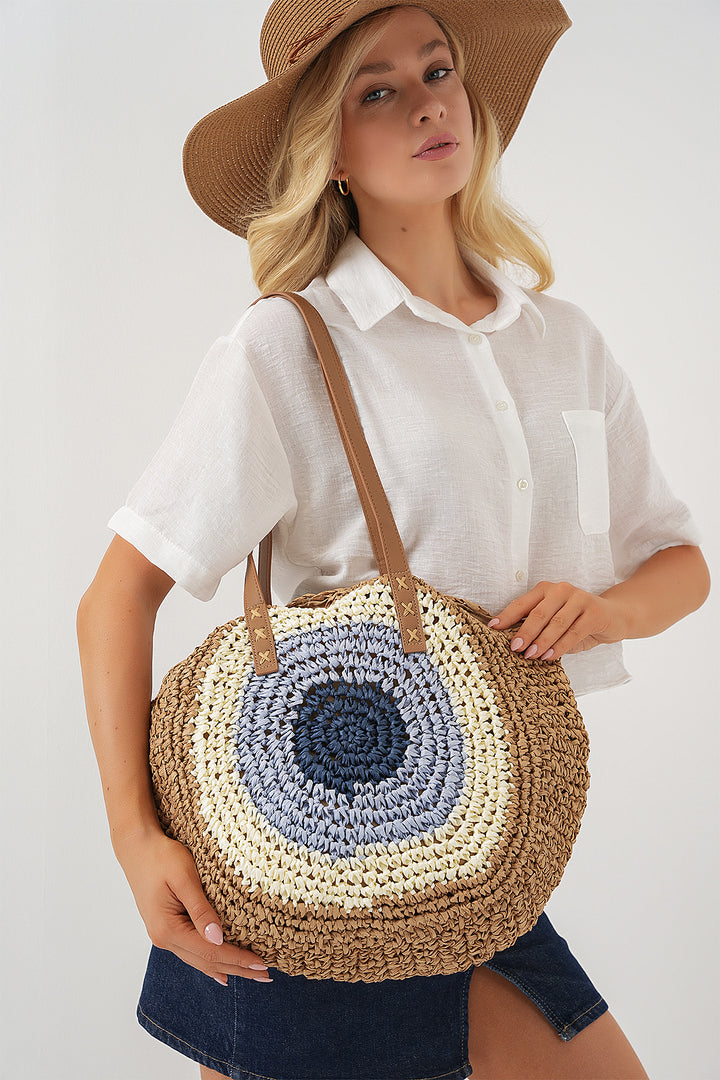 BGD Women Woman Patterned Round Straw Bag 010191 - Beige - Atenco