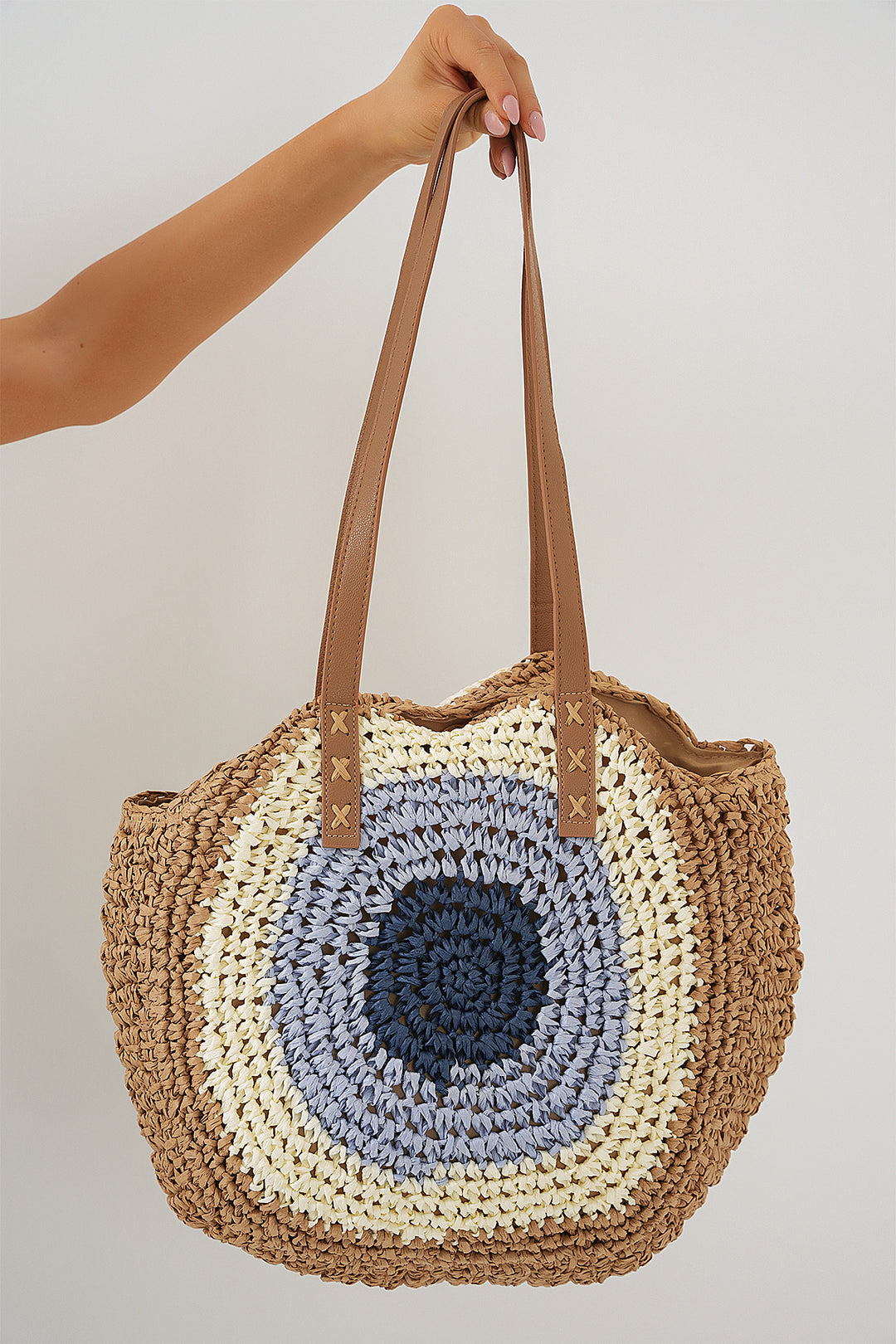 BGD Women Woman Patterned Round Straw Bag 010191 - Beige - Atenco