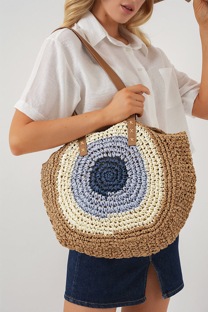 BGD Women Woman Patterned Round Straw Bag 010191 - Beige - Atenco