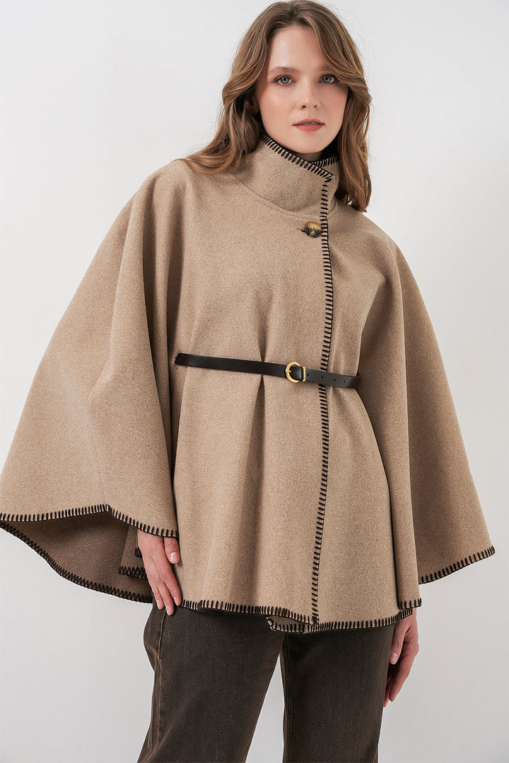 BGD Women Woman's Stitch Detailed Cape Coat 9166 - Light Beige - Alsdorf