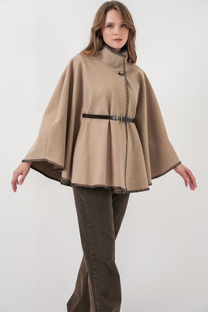 BGD Women Woman's Stitch Detailed Cape Coat 9166 - Light Beige - Alsdorf