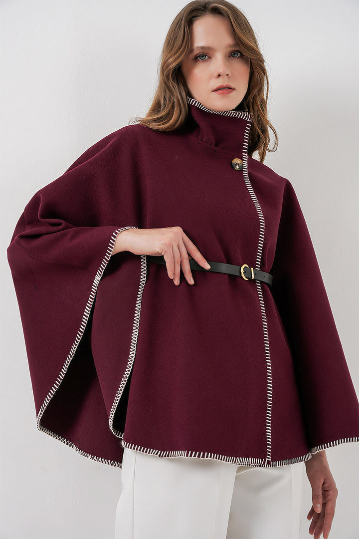 BGD Women Women's Stitch Detailed Cape Coat 9166 - Burgundy - Kilmarnock