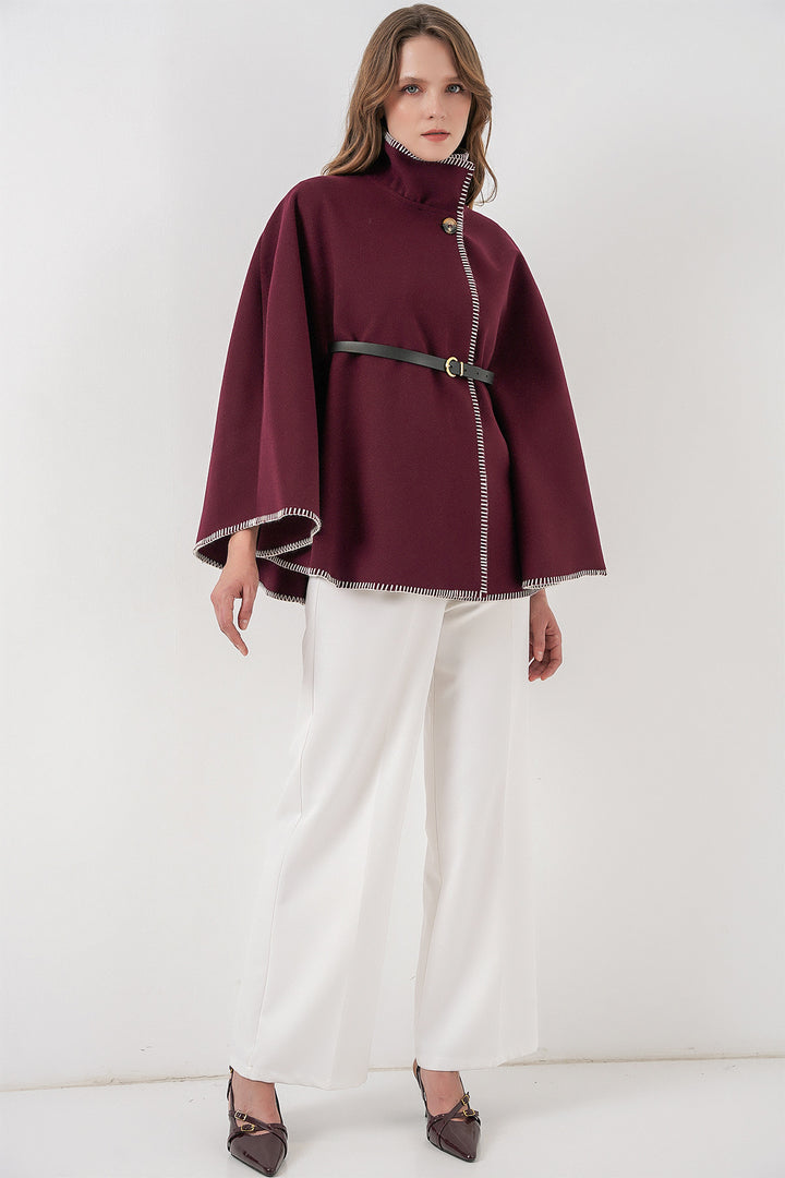 BGD Women Women's Stitch Detailed Cape Coat 9166 - Burgundy - Kilmarnock