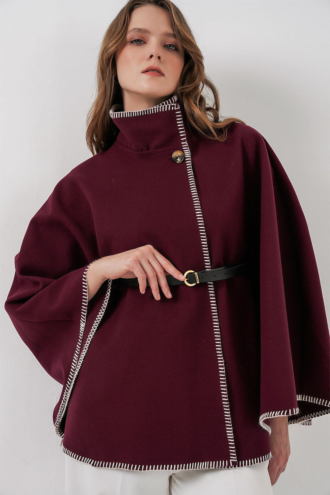 BGD Women Women's Stitch Detailed Cape Coat 9166 - Burgundy - Kilmarnock