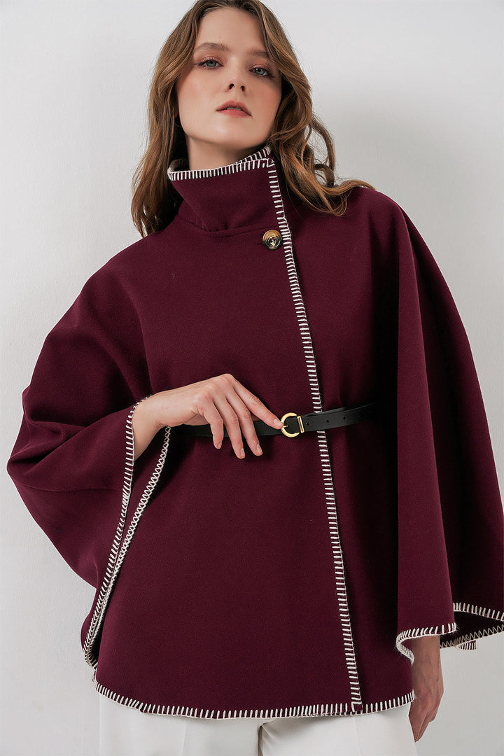 BGD Women Women's Stitch Detailed Cape Coat 9166 - Burgundy - Kilmarnock