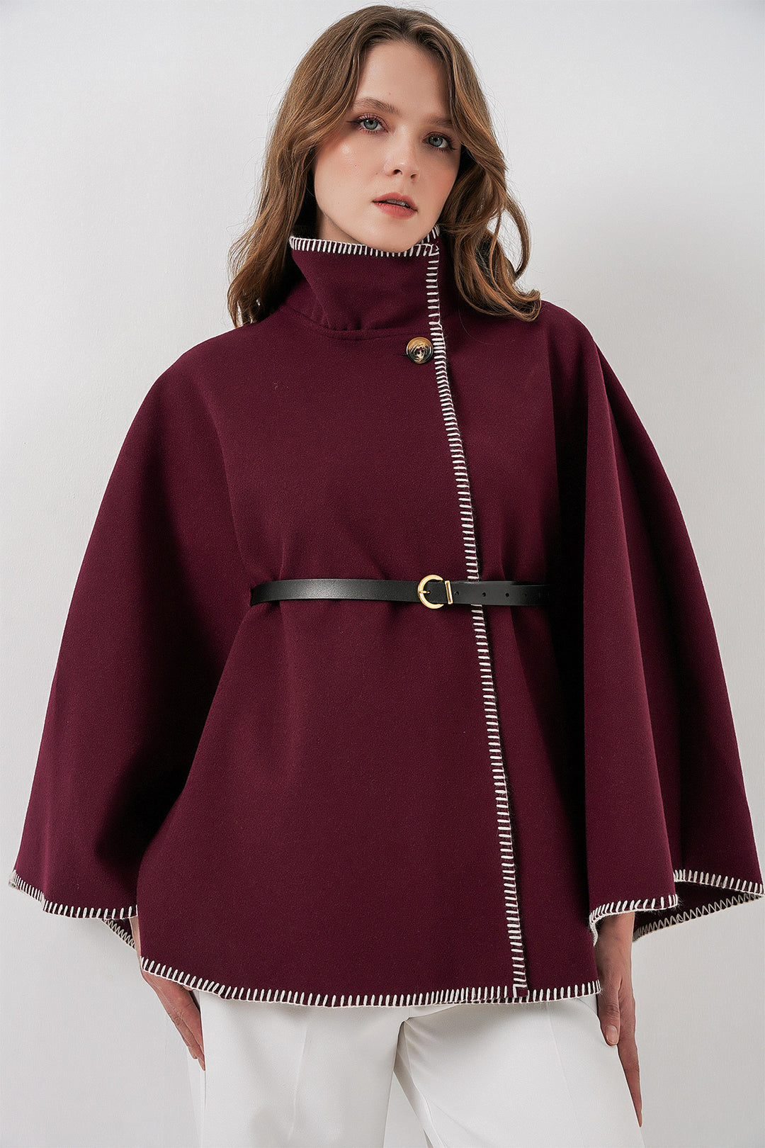 BGD Women Women's Stitch Detailed Cape Coat 9166 - Burgundy - Kilmarnock