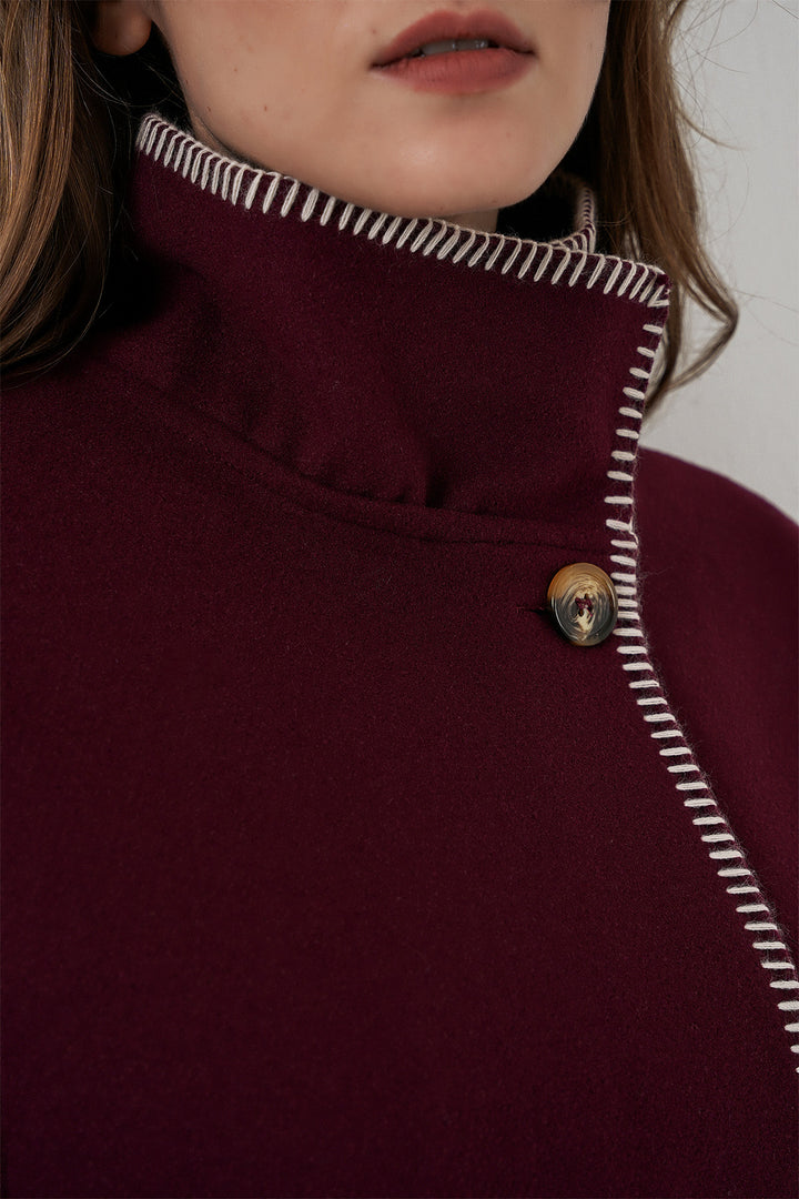 BGD Women Women's Stitch Detailed Cape Coat 9166 - Burgundy - Kilmarnock