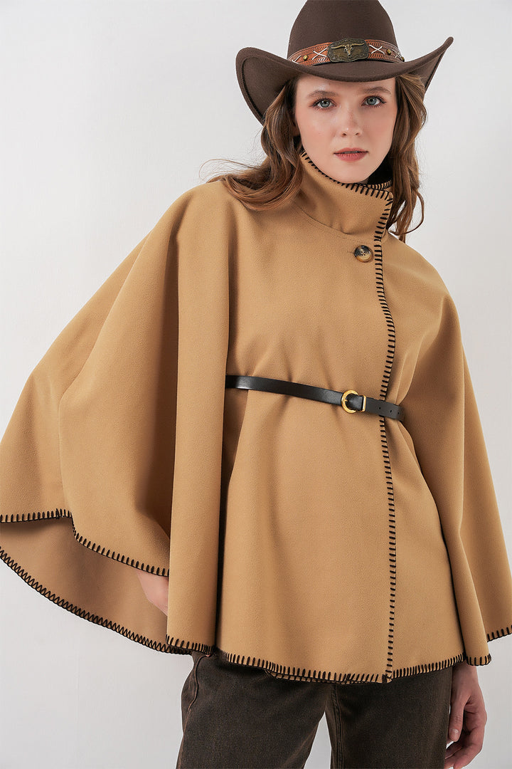 BGD Women Woman's Stitch Detailed Cape Coat 9166 - Mustard - Rechytsa