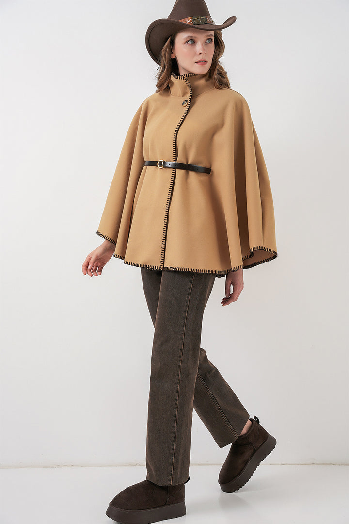 BGD Women Woman's Stitch Detailed Cape Coat 9166 - Mustard - Rechytsa