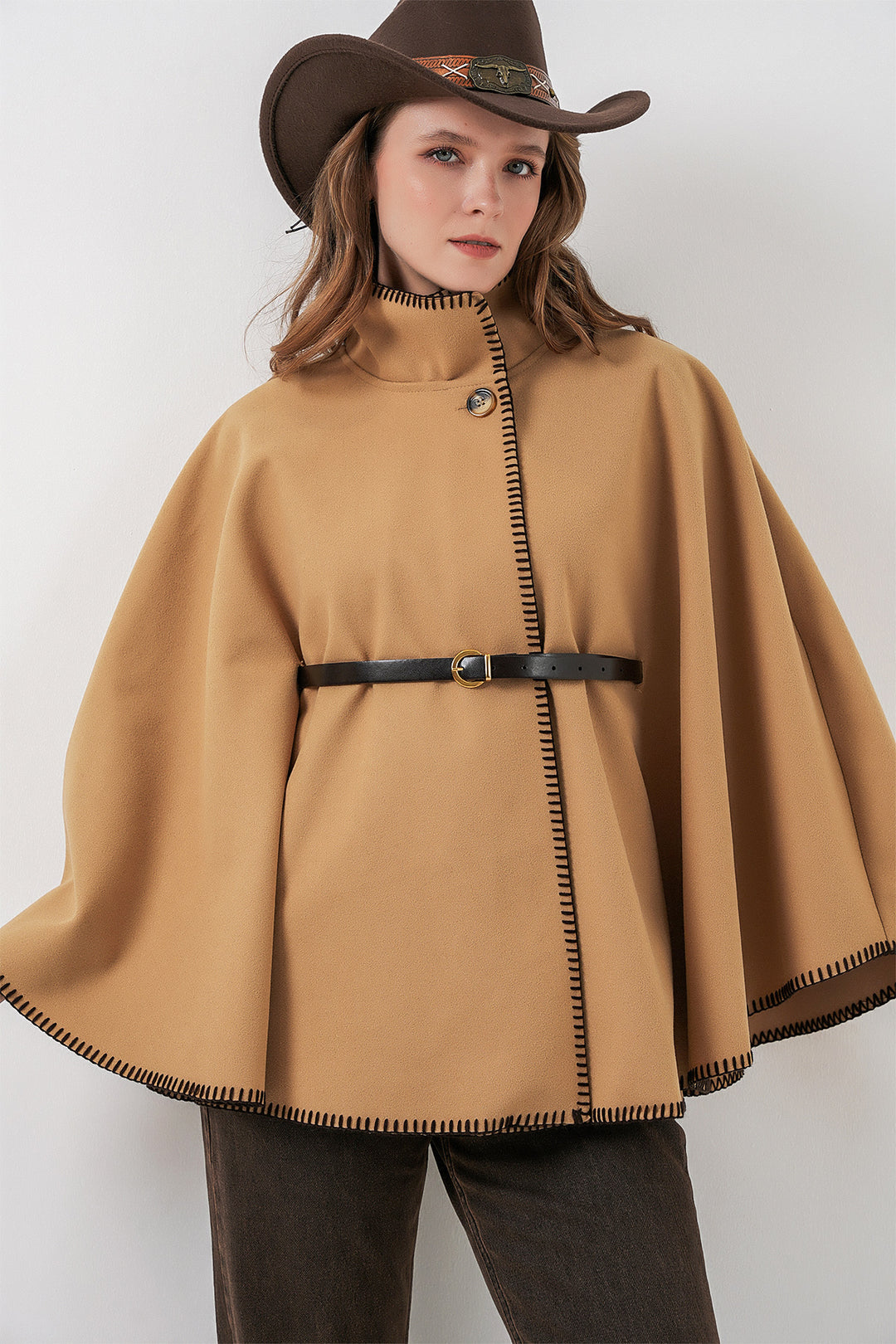 BGD Women Woman's Stitch Detailed Cape Coat 9166 - Mustard - Rechytsa