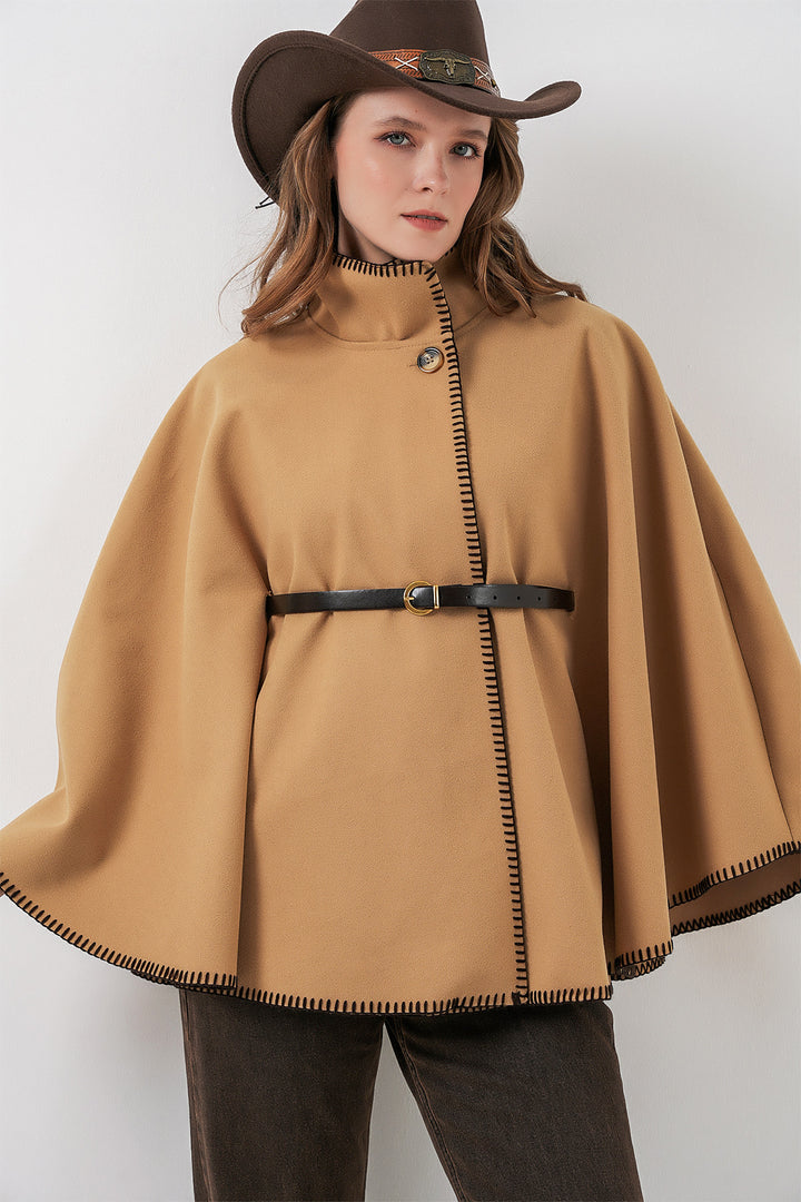 BGD Women Woman's Stitch Detailed Cape Coat 9166 - Mustard - Rechytsa