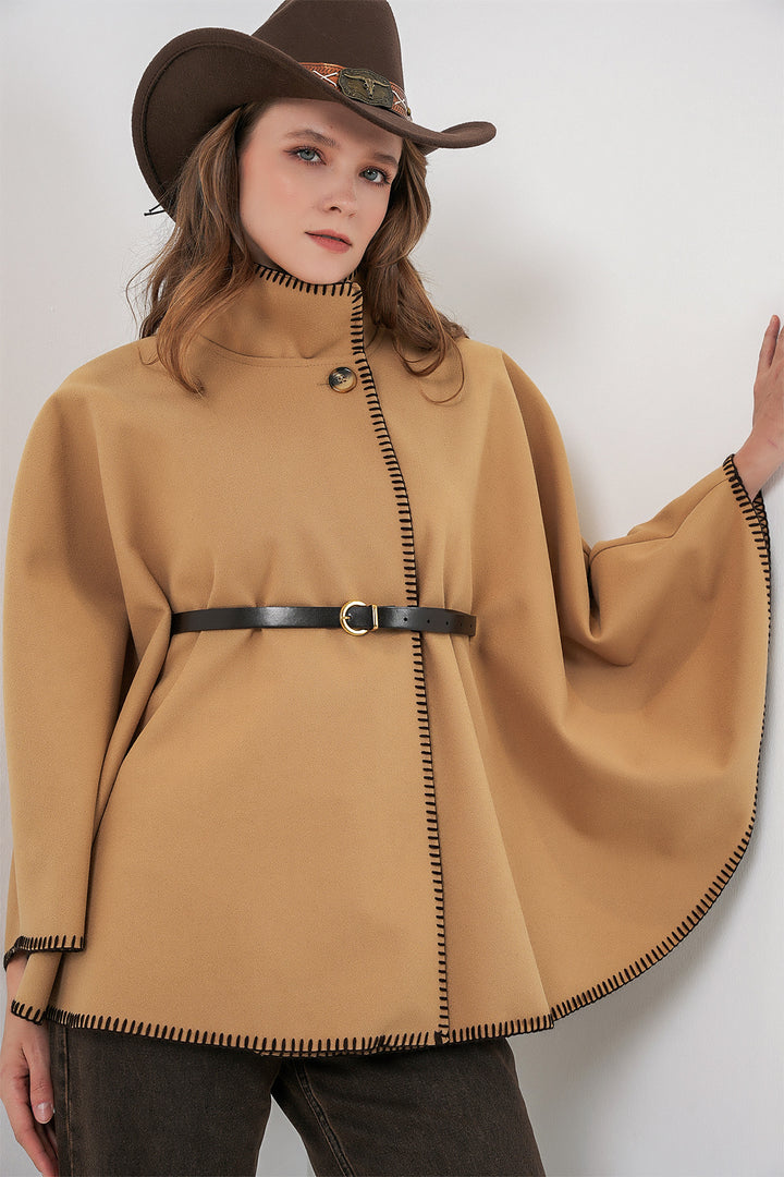 BGD Women Woman's Stitch Detailed Cape Coat 9166 - Mustard - Rechytsa