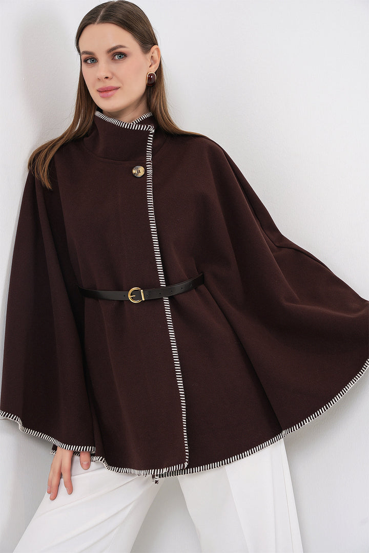 BGD Women Woman's Stitch Detailed Cape Coat 9166 - Brown - La Rinconada