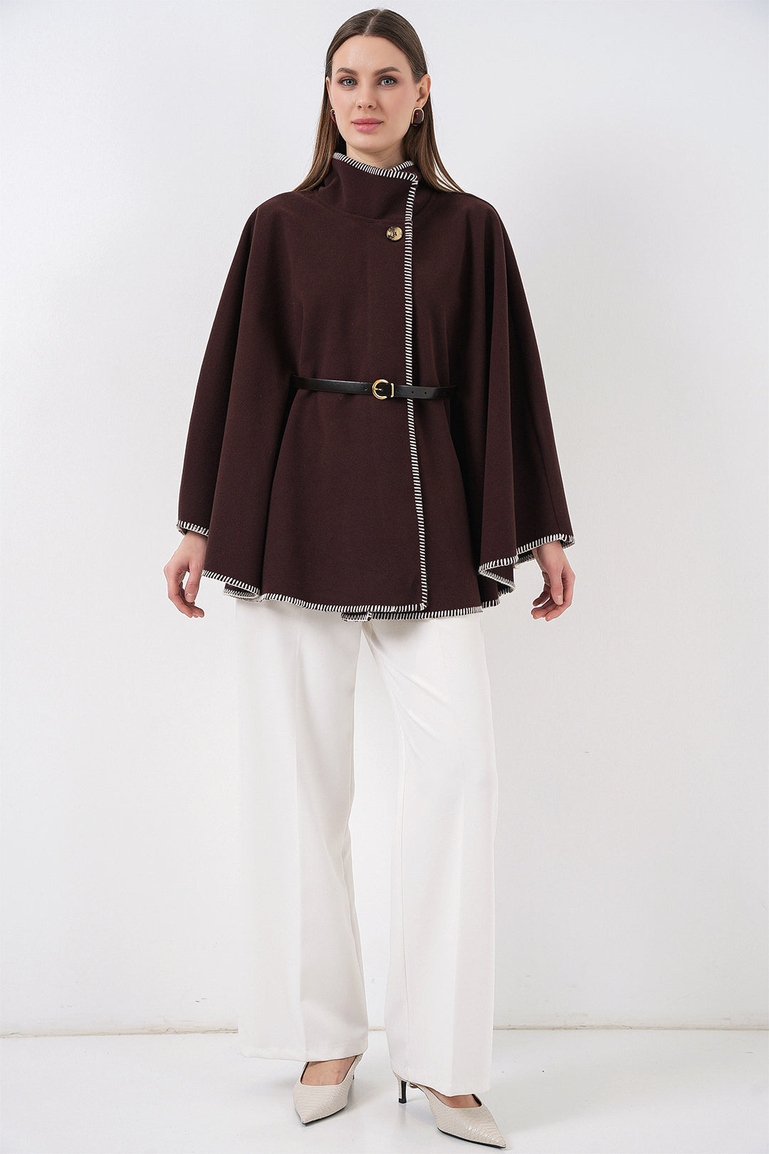 BGD Women Woman's Stitch Detailed Cape Coat 9166 - Brown - La Rinconada