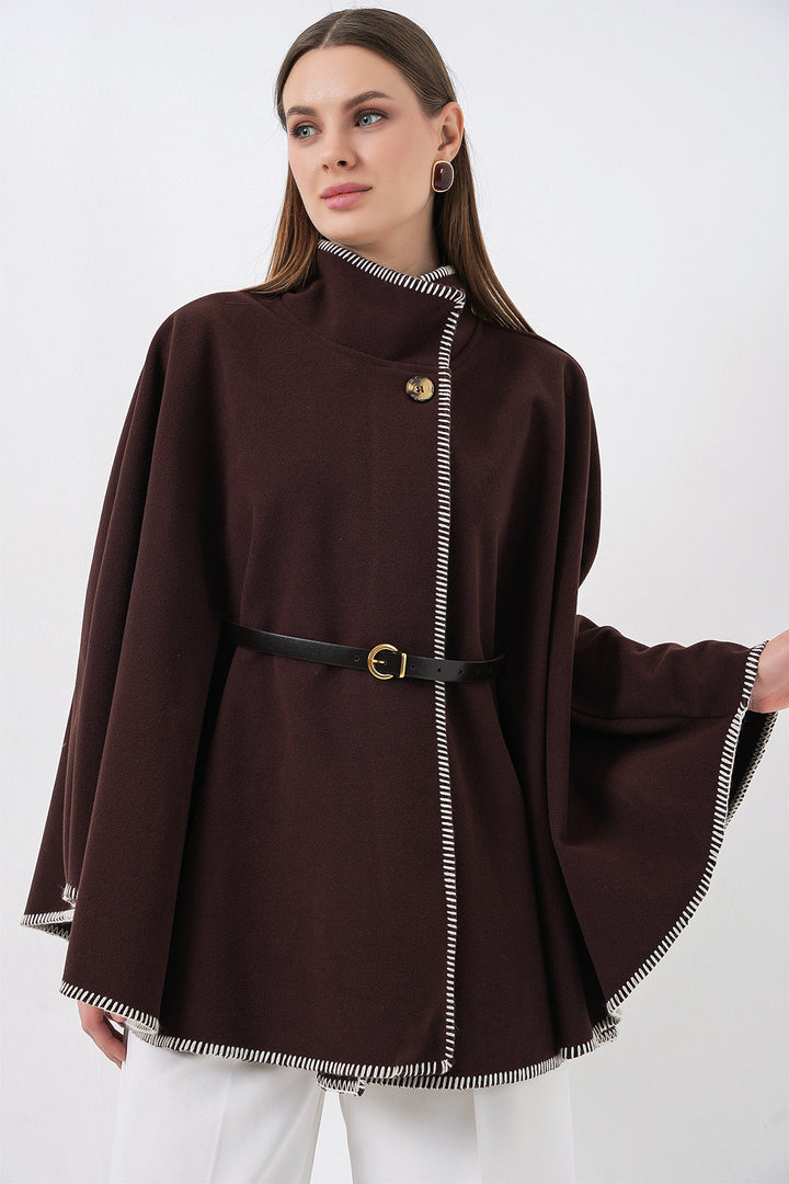 BGD Women Woman's Stitch Detailed Cape Coat 9166 - Brown - La Rinconada