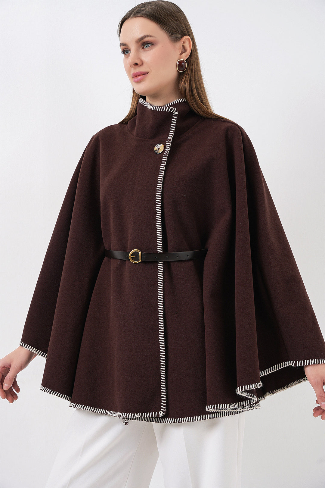BGD Women Woman's Stitch Detailed Cape Coat 9166 - Brown - La Rinconada